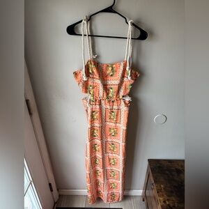 Mediterranean Lemon Print Cut-Out Maxi Dress - Rope Straps - M
